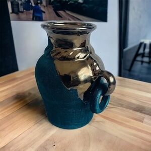 Vintage Amphora Vase Matte Green Gold Drip Glaze Hand Painted Handled Ceramic VG